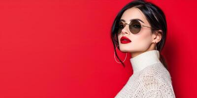 AI generated Portrait of a beautiful woman on red background photo