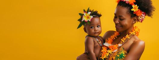 AI generated Happy black mother hugging her adorable baby on yellow background. Happy mother day with copy space, Loving mom carying her newborn baby photo