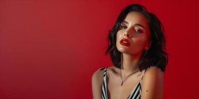 AI generated Portrait of a beautiful woman on red background photo