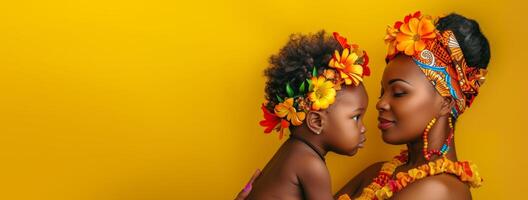 AI generated Happy black mother hugging her adorable baby on yellow background. Happy mother day with copy space, Loving mom carying her newborn baby photo