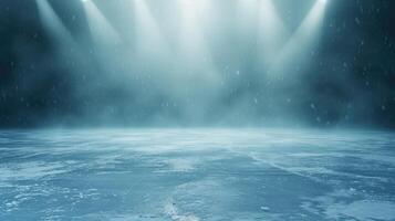 AI generated Snow and ice background.Empty ice rink illuminated by spotlights photo