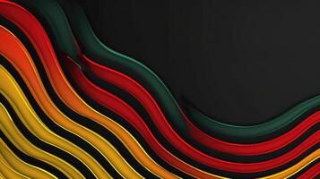 AI generated Black History Month background. Creative modern wavy lines in red, yellow, green colors on black background with copy space for text photo