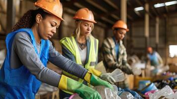 AI generated Interracial sorters in protective gloves and safety vests taking plastic containers from sacks while sorting trash together photo