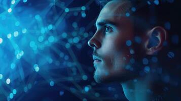 AI generated Side view profile of handsome young man against futuristic hologram background. Science, technology, future and AI concept. photo