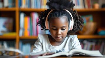 AI generated African little girl sitting at home using headphones and doing homework. photo