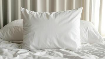 AI generated White pillow case mockup template. Blank soft pillow on the bed in bedroom photo