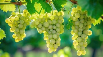 AI generated Close up of grapes hanging on branch. Hanging grapes. Grape farming. Grapes farm. Tasty green grape bunches hanging on branch. Grapes photo