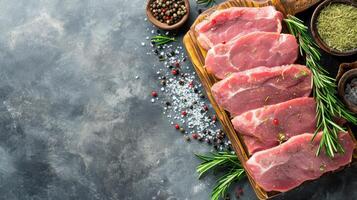 AI generated Raw pork meat on wooden board on grey background with rosemary, salt and pepper. Pork loin. Copy space. Top view. photo