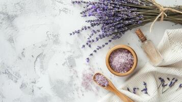 AI generated Natural scrub with lavender on a white texture background photo