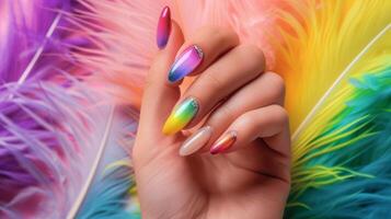 AI generated Glamour woman hand with luxury rainbow color nail polish manicure on fingers, touching rainbow feathers photo