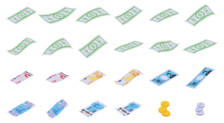 Fly banknote icons set isometric vector. Falling money bill
