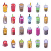 Boba icons set isometric vector. Bubble cup vector