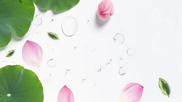 AI generated Lotus petals, water drop and leaf falling in white background photo