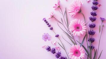 AI generated Top view image of pink and purple flowers composition over pastel background, copy space photo