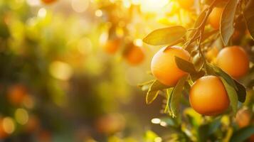 AI generated A branch with natural oranges on a blurred background of an orange orchard at golden hour. The concept of organic, local, seasonal fruits and harvest photo