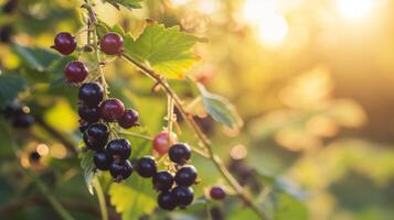 AI generated A branch with Natural blackcurrant on a blurred background of a currant garden at golden hour. The concept of organic, local, seasonal fruits and harvest photo