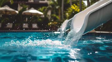 ai generado agua diapositiva salpicaduras dentro un recurso piscina foto