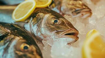 AI generated Fresh fish on ice with lemon wedges photo