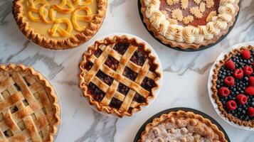 AI generated Overhead shot of several different pies on a white marble table photo