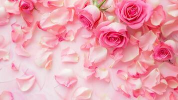 AI generated Soft pink background with various pink petals of roses photo
