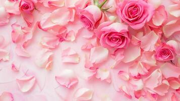 AI generated Soft pink background with various pink petals of roses photo