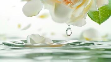 AI generated Rose flower petals , water drop and leaf falling in white background photo