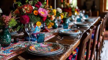 AI generated An elegantly set table with vibrant floral arrangements and patterned textiles, creating a festive and inviting dining atmosphere photo