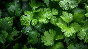 AI generated Bunch of cilantro with water drops on it as background photo