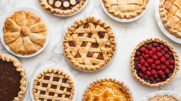 AI generated Overhead shot of several different pies on a white marble table photo