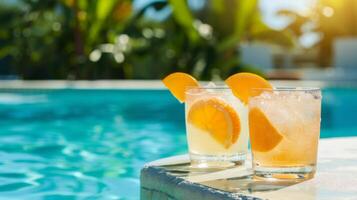 AI generated Refreshing cocktails by the pool on a sunny day photo