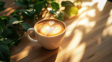 AI generated top veiw closeup minimalist ceramic coffee mug with heart latte art Warm tones where the light shines through the leaves on the table. photo