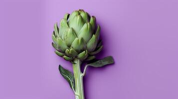 AI generated A single, fresh green artichoke stands out vividly against a solid purple background, showcasing its natural beauty and intricate structure photo