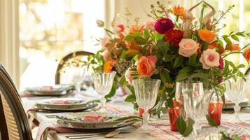 AI generated An elegantly set table with vibrant floral arrangements and patterned textiles, creating a festive and inviting dining atmosphere photo