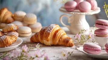 AI generated An elegant assortment of baked goods with golden croissants, delicate pink macarons and treats photo