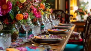 AI generated An elegantly set table with vibrant floral arrangements and patterned textiles, creating a festive and inviting dining atmosphere photo