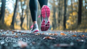 AI generated Close up shot of runner's shoes running on the track. Jogging, training, fitness for healthy lifestyle photo