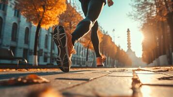 AI generated Close up shot of runner's shoes running on the track. Jogging, training, fitness for healthy lifestyle photo