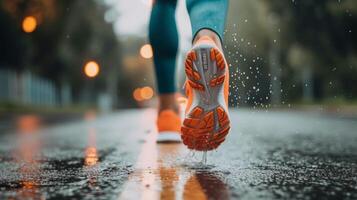 AI generated Close up shot of runner's shoes running on the track. Jogging, training, fitness for healthy lifestyle photo