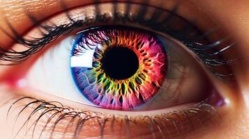 AI generated A close-up image of a human eye with vibrant, multicolored iris patterns and visible eyelashes. The skin tone surrounding the eye cannot be precisely determined due to tight framing photo
