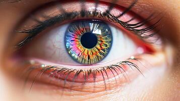 AI generated A close-up image of a human eye with vibrant, multicolored iris patterns and visible eyelashes. The skin tone surrounding the eye cannot be precisely determined due to tight framing photo