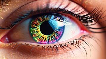 ai generado un de cerca imagen de un humano ojo con vibrante, multicolor iris patrones y visible pestañas. el piel tono rodeando el ojo no puedo ser precisamente determinado debido a apretado enmarcado foto