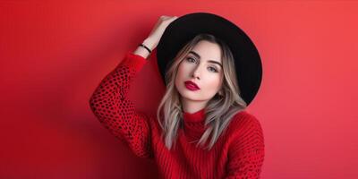 AI generated Portrait of a beautiful woman on red background photo