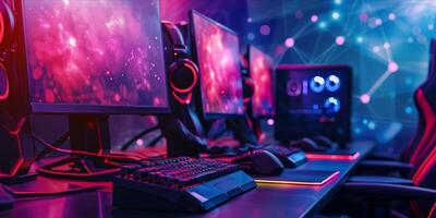 AI generated Futuristic esport background for gaming live streaming. Esport game tournament competition neon banner photo