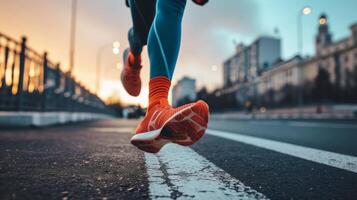 AI generated Close up shot of runner's shoes running on the track. Jogging, training, fitness for healthy lifestyle photo