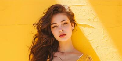 AI generated Portrait of a beautiful woman on yellow background photo