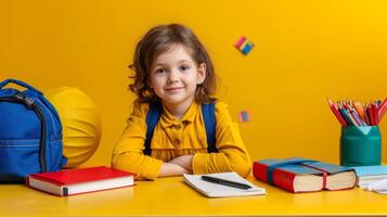 ai generado estudiante con mochila espalda a escuela. beca y educación concepto, contento niño teniendo divertido a escuela, juguetón niño foto