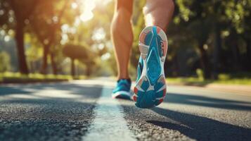 AI generated Close up shot of runner's shoes running on the track. Jogging, training, fitness for healthy lifestyle photo