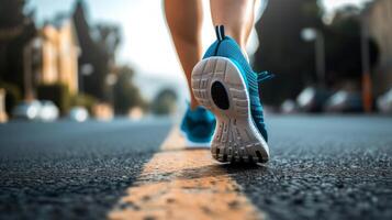 AI generated Close up shot of runner's shoes running on the track. Jogging, training, fitness for healthy lifestyle photo