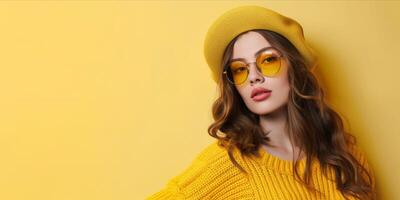 AI generated Portrait of a beautiful woman on yellow background photo