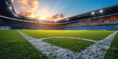 AI generated Soccer stadium with green field for football competition match. Football cup tournament photo